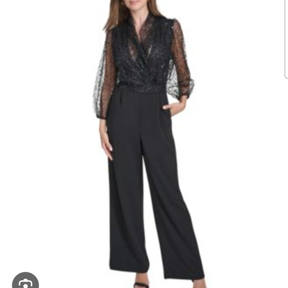 Halston Women's Sequined Jumpsuit Size 8 Black Pockets Party Wedding Night out